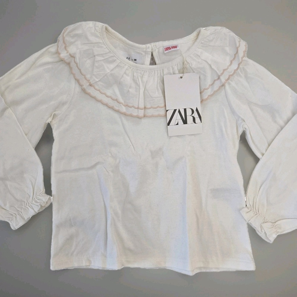 ZARA Baby Long Sleeve Top with Pleated Collar – Ivory White, Size 2-3 Years NWT